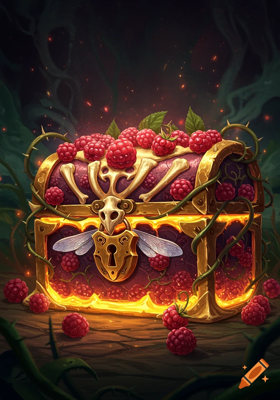 A magical golden chest adorned with red raspberries, dinosaur bones, thorns, and a bee-wing lock, glowing with fire in a dark fantasy setting.