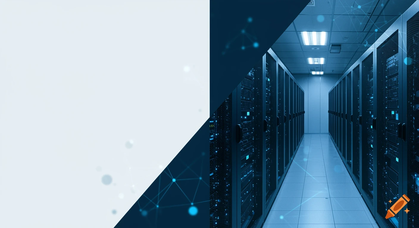 Split layout with a minimalist white panel and a modern data center interior with blue-glow server racks and network lines.