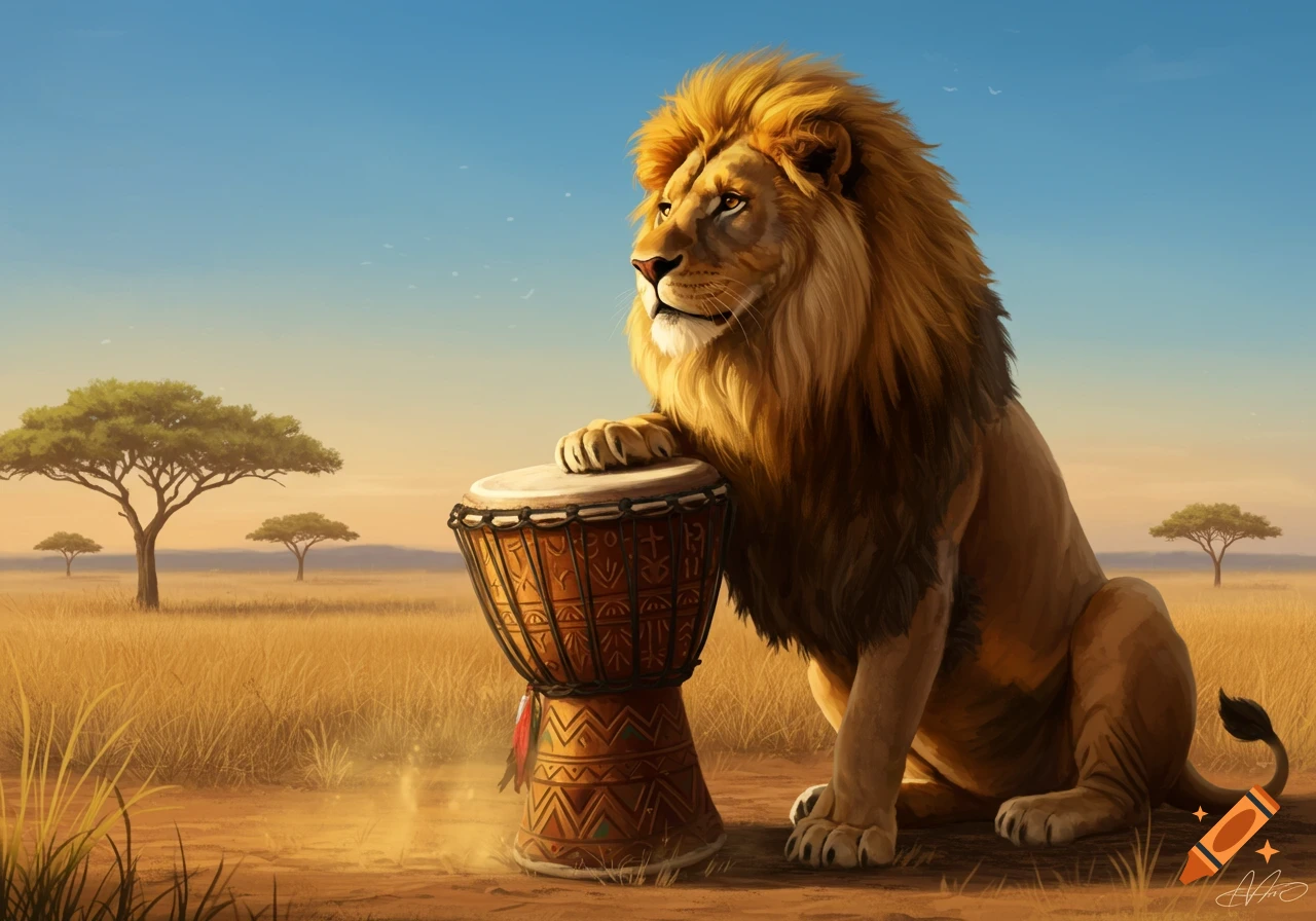 A majestic lion sits beside a djembe drum in a golden savanna with acacia trees under a clear sky, in an illustrative style.