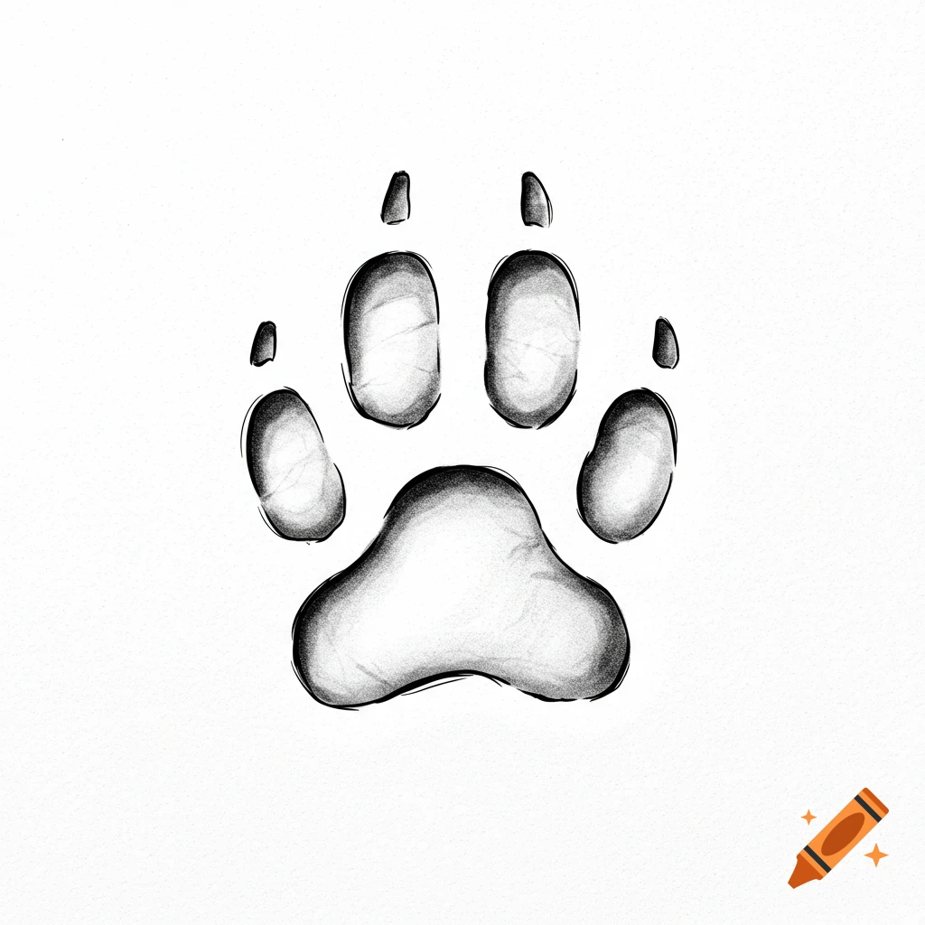 A black and white sketch of a paw print on a white background.