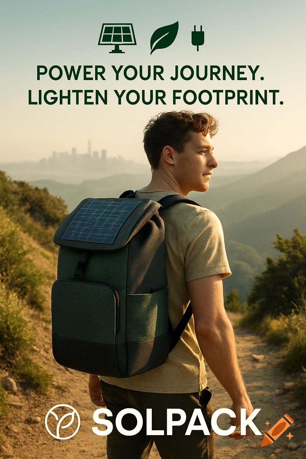 A young man with a solar-powered backpack on a mountain trail, a city skyline in the background. Text reads 'Power Your Journey. Lighten Your Footprint.' and 'SOLPACK'.