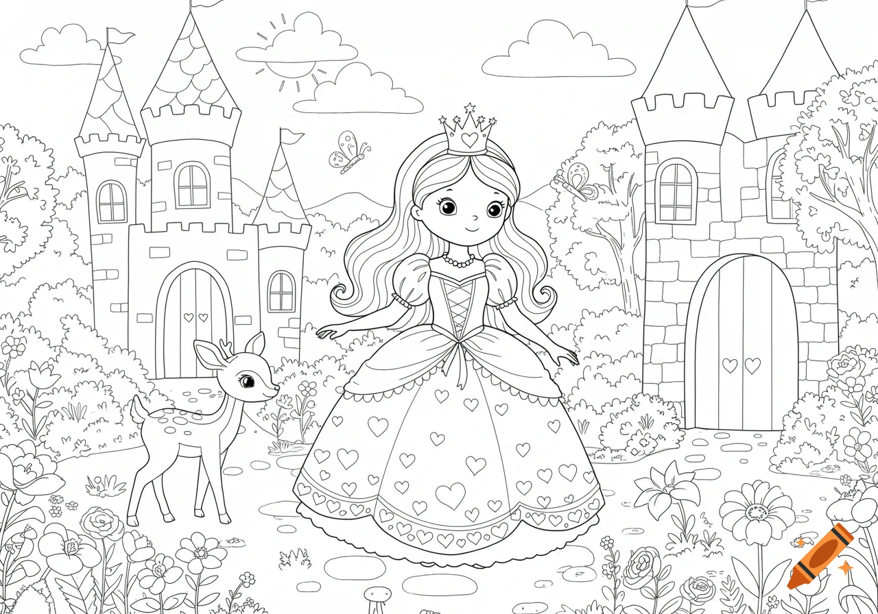 A cartoon line art illustration for a coloring book shows a princess and a deer in front of a castle, surrounded by flowers.