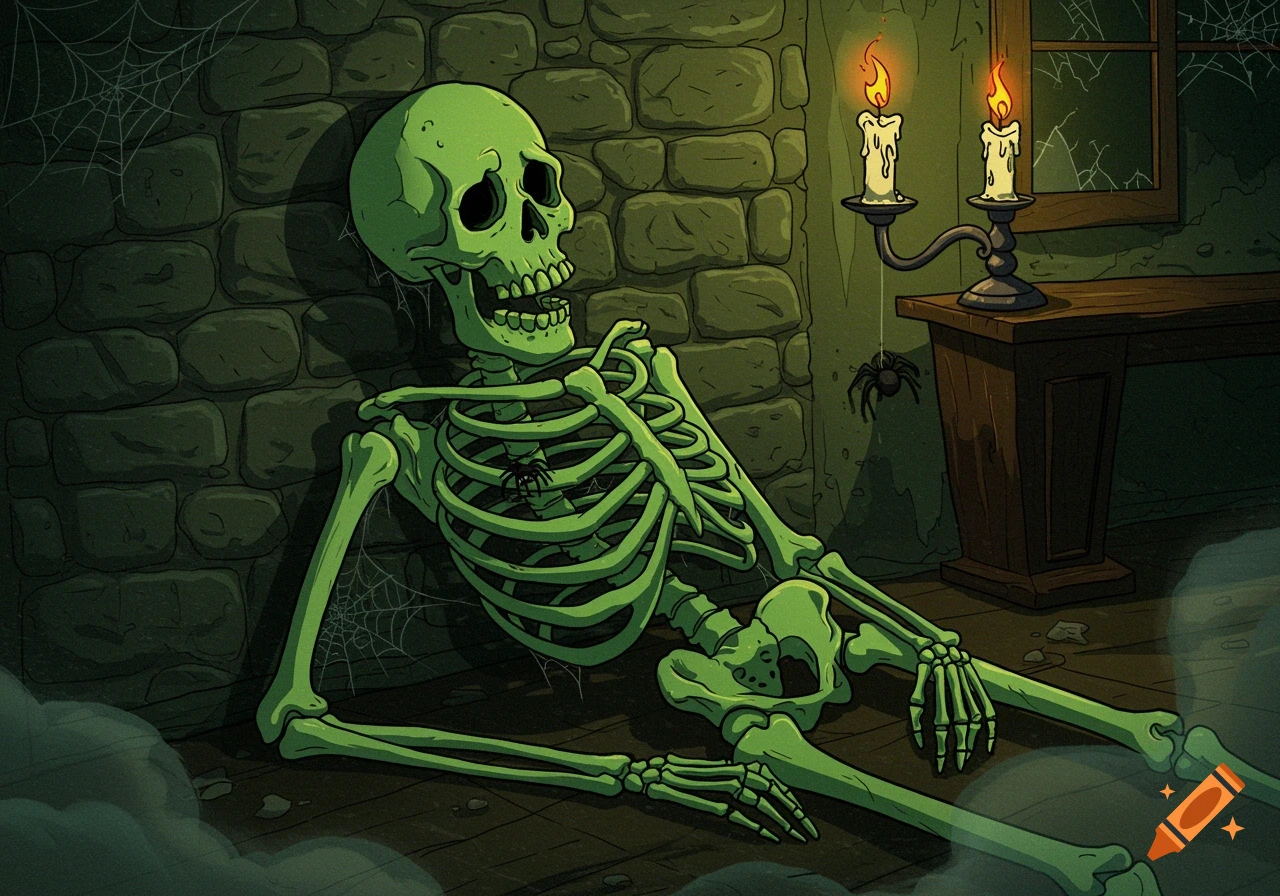 A tired, depressed green skeleton leans against a stone wall in a dark, spooky room with spiderwebs, spiders, and a lit candelabra on a table, in a Scooby-Doo cartoon style.