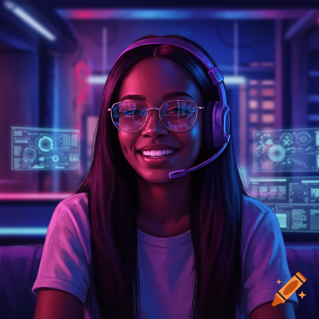 A smiling dark-skinned woman with glasses and a purple headset in a neon-lit cyberpunk-style room with holographic screens.