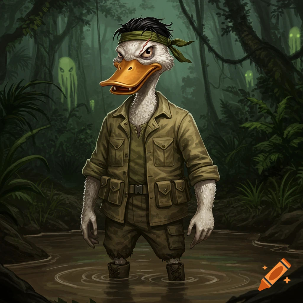 A grimacing half-duck, half-human soldier with a scar and bandana stands in muddy jungle water, spooky glowing eyes in the background, in a gritty cartoon style.