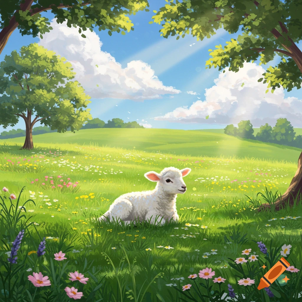 A white lamb lies in a vibrant green meadow filled with colorful wildflowers under a bright blue sky with clouds and sun rays. Illustrative style.