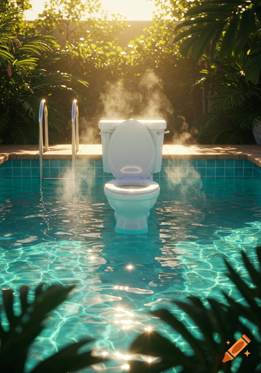 A white toilet stands in a bright blue swimming pool, surrounded by green tropical plants, with steam rising from it.