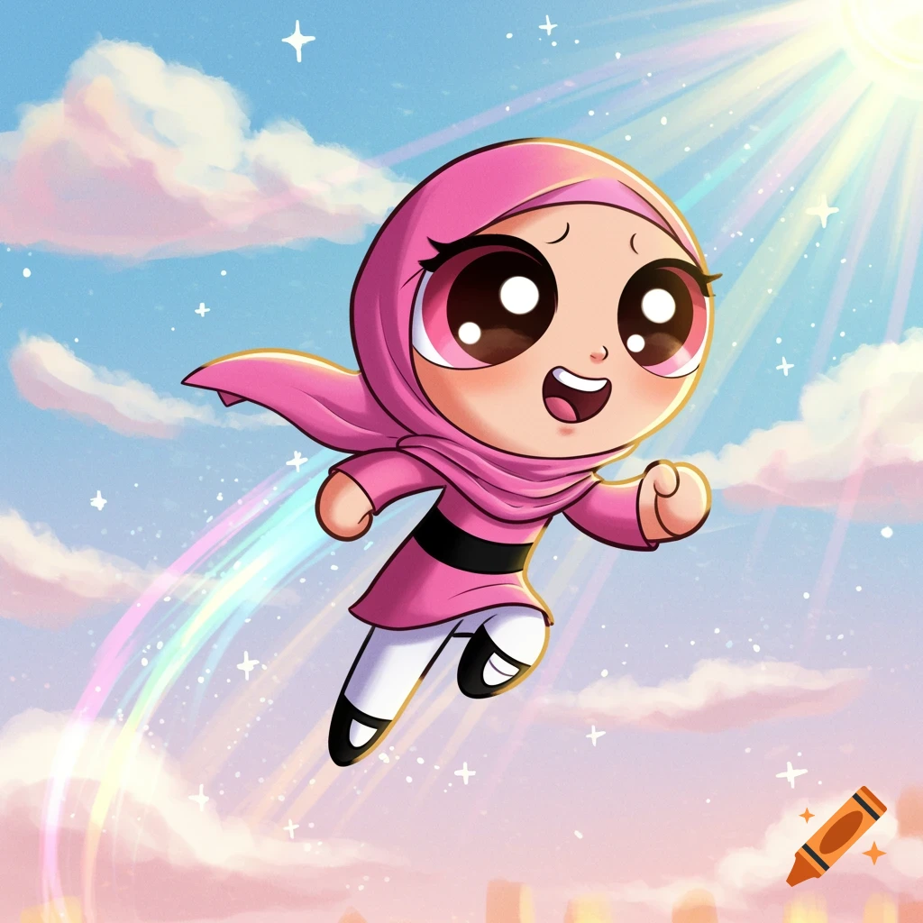A cartoon character in Powerpuff Girl style, wearing a pink hijab, flies through a sunny, cloudy sky with a rainbow.