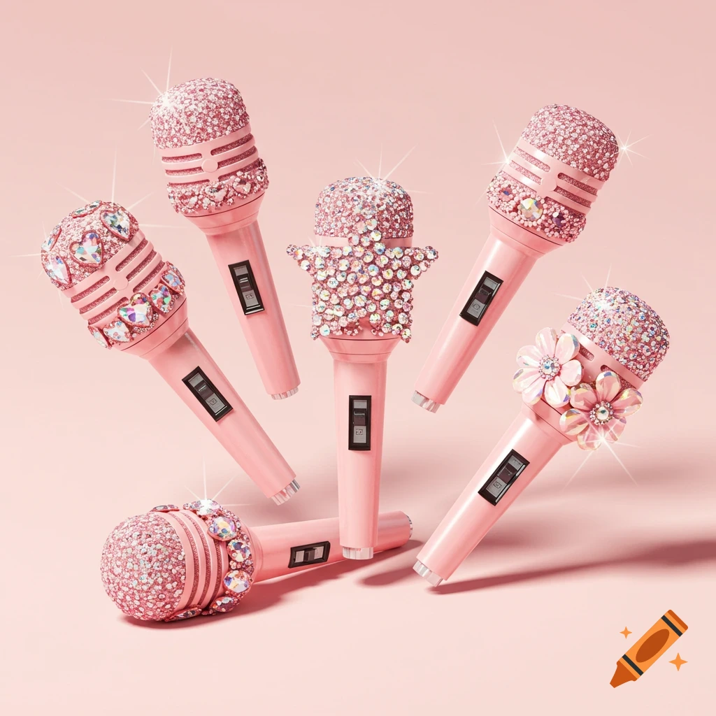 Six baby pink bedazzled microphones with sparkling gems, featuring designs like hearts, stars, and flowers, on a pink background.
