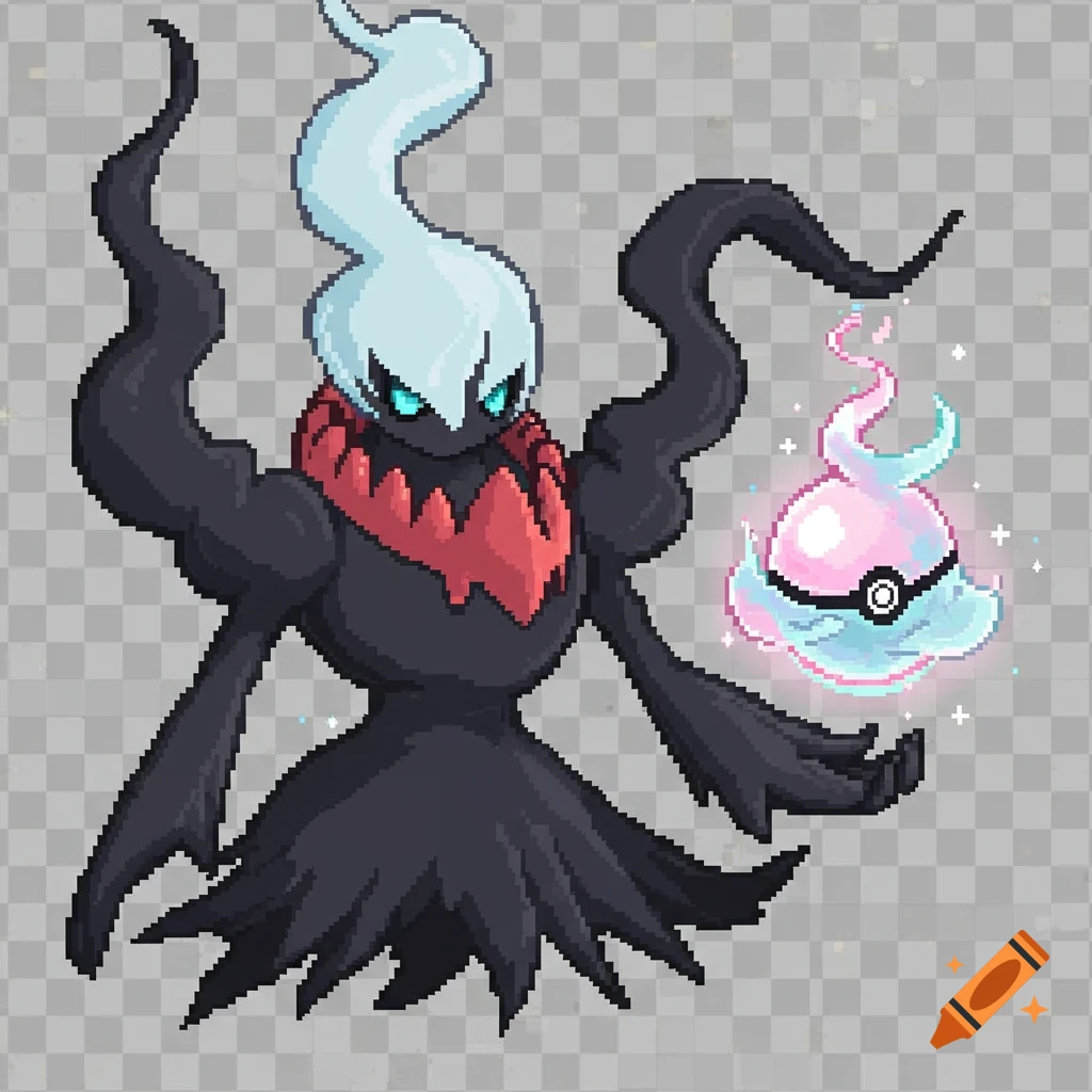 Pixel art of Darkrai, a dark ghostly Pok ics.mon, holding a pink and blue Dream Ball, on a transparent background.