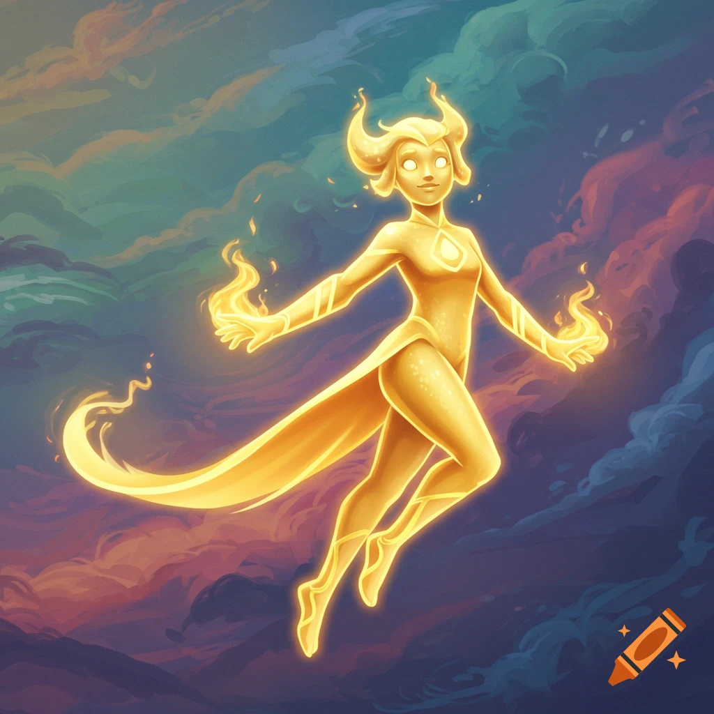 A stylized golden glowing humanoid character with horns and fiery hands floats against a colorful, cloud-filled sky.