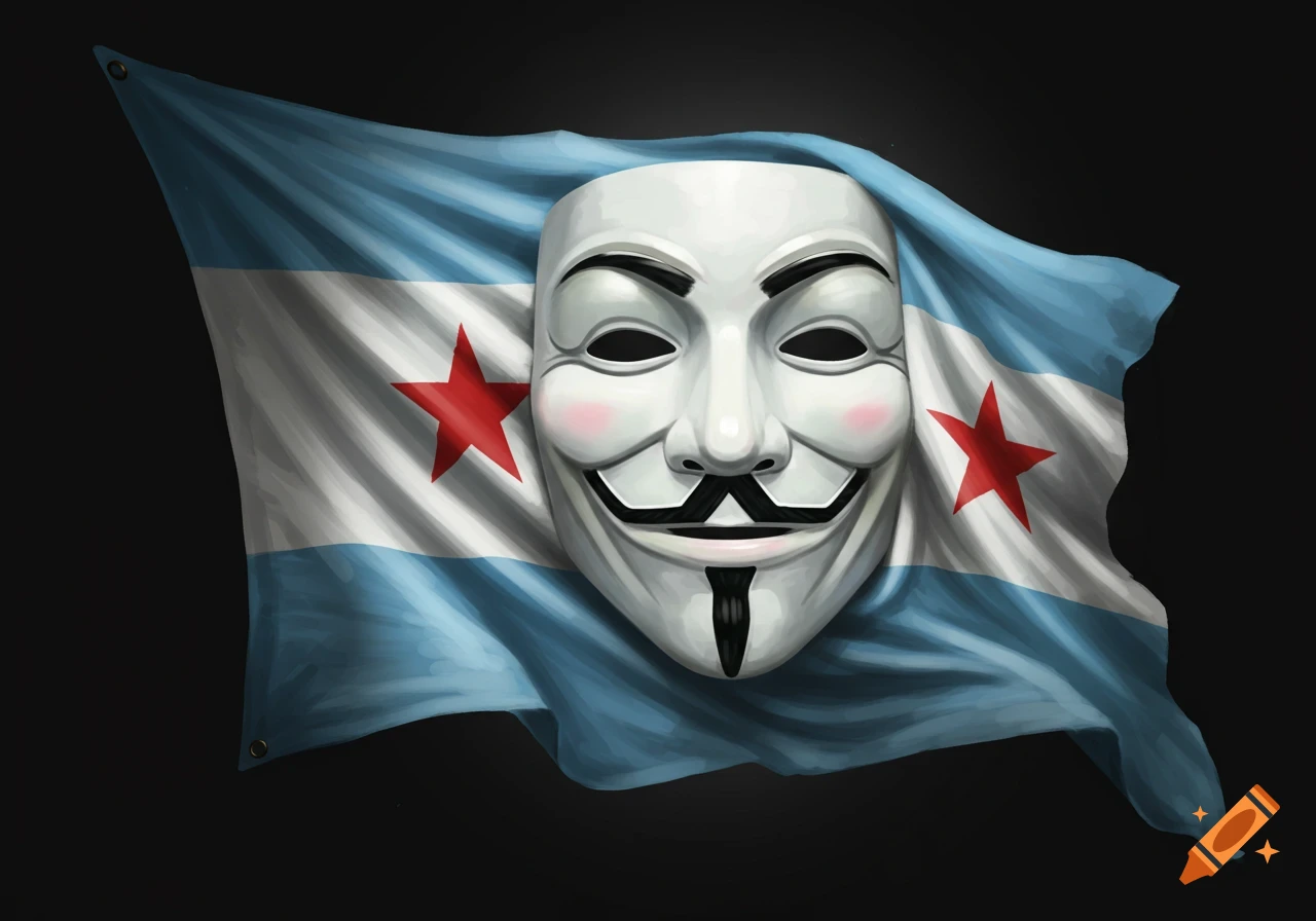 A white Guy Fawkes mask over a waving blue and white Chicago flag with red stars.