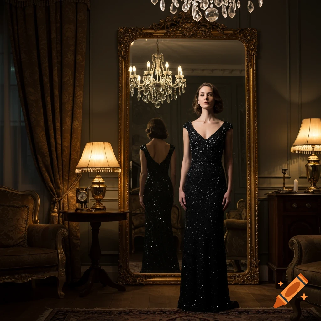 A woman in a sparkling black gown stands in a luxurious room, reflected in a large ornate mirror. Photorealistic.