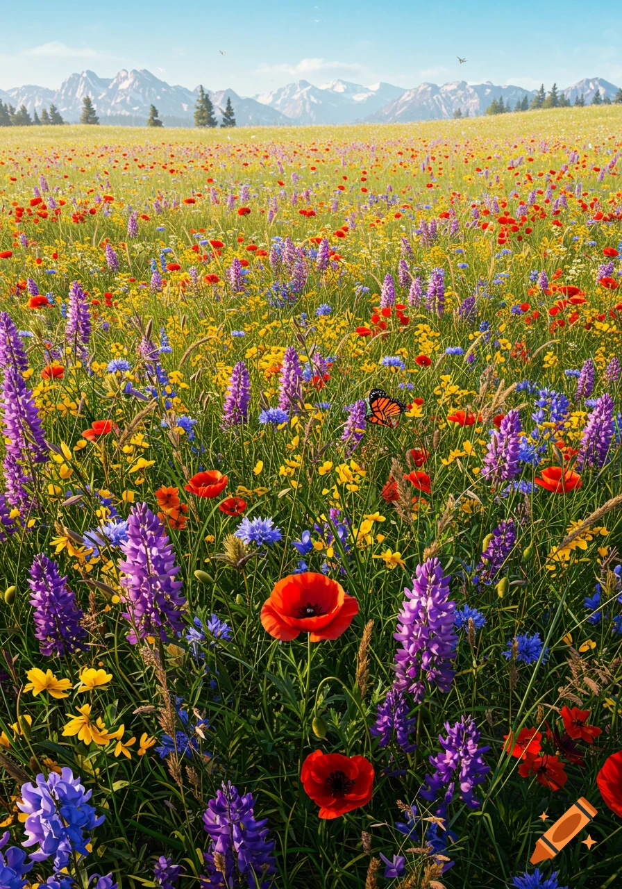 A vibrant, photorealistic meadow filled with red poppies, purple lupines, yellow, and blue wildflowers under a clear sky, with distant mountains.