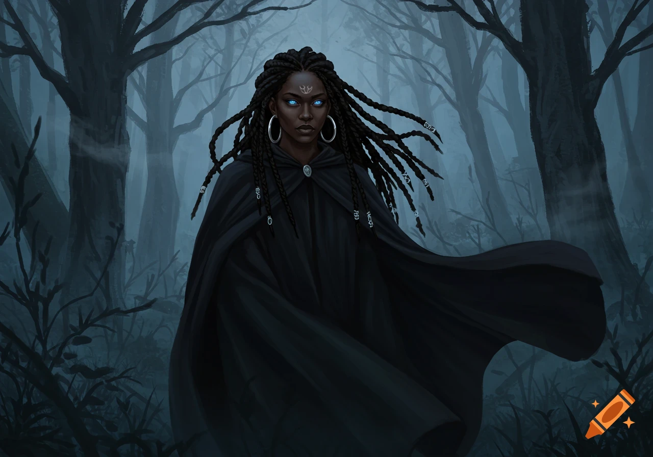 A dark-skinned woman with glowing blue eyes and long black braids, wearing a black cloak, stands in a misty, dark forest.