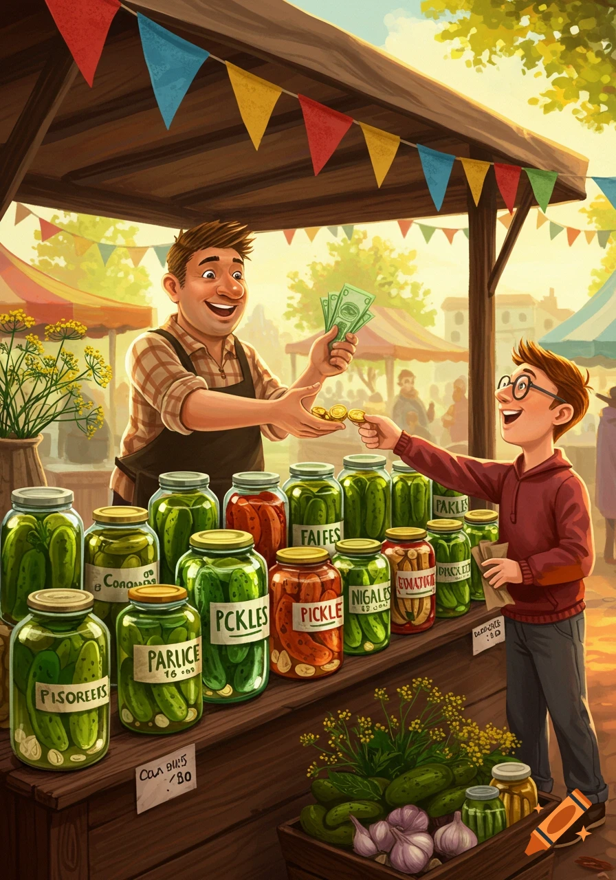 A stylized illustration shows a happy vendor selling jars of pickles to a young boy at a vibrant outdoor market stall.