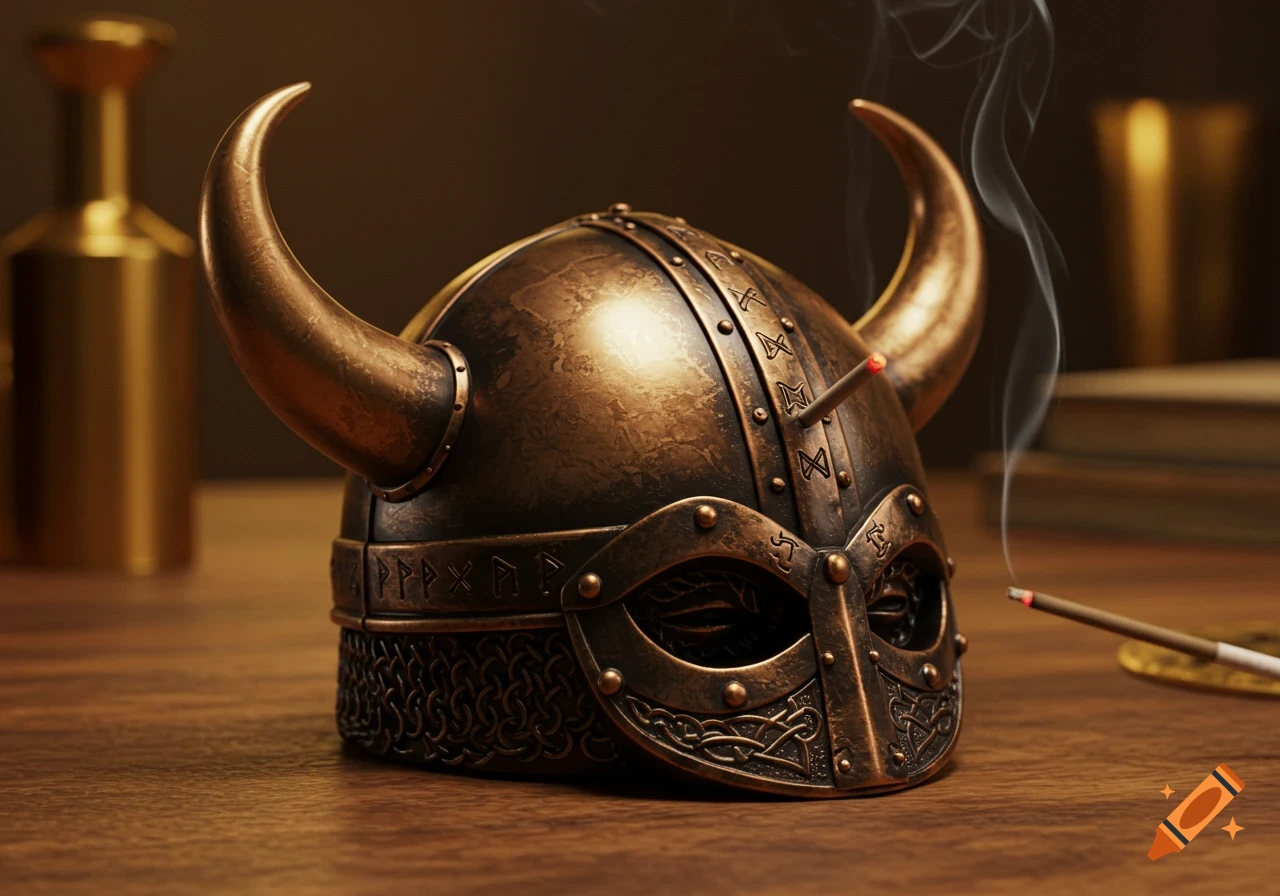 A detailed, photorealistic bronze Viking helmet ashtray with smoking incense sticks on a wooden table.