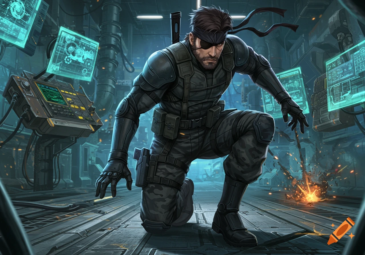 A man resembling Solid Snake from Metal Gear Solid crouches in a dark, futuristic industrial setting with glowing blue screens, sparks flying in the background.