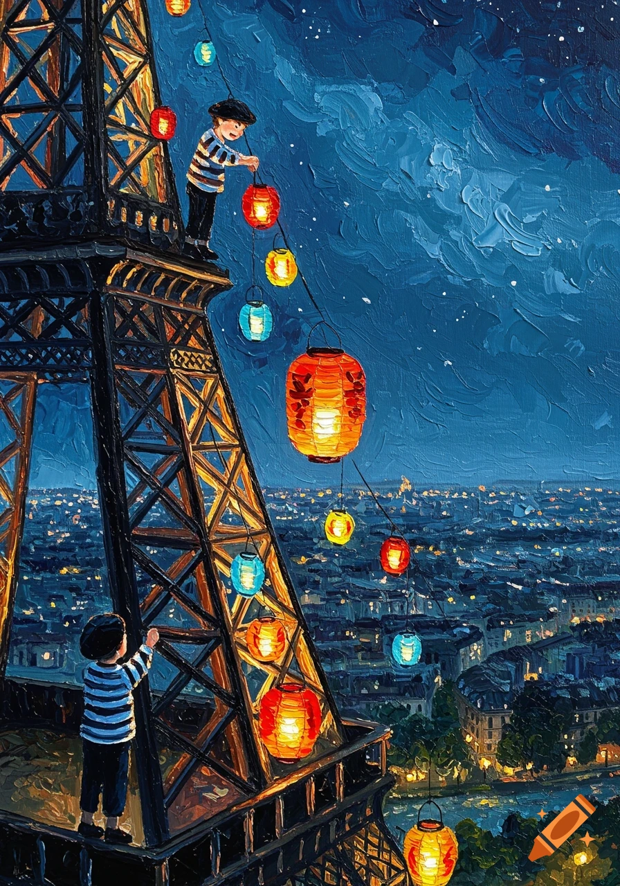 An oil painting of two boys hanging colorful lanterns on the Eiffel Tower at night, overlooking a city skyline.