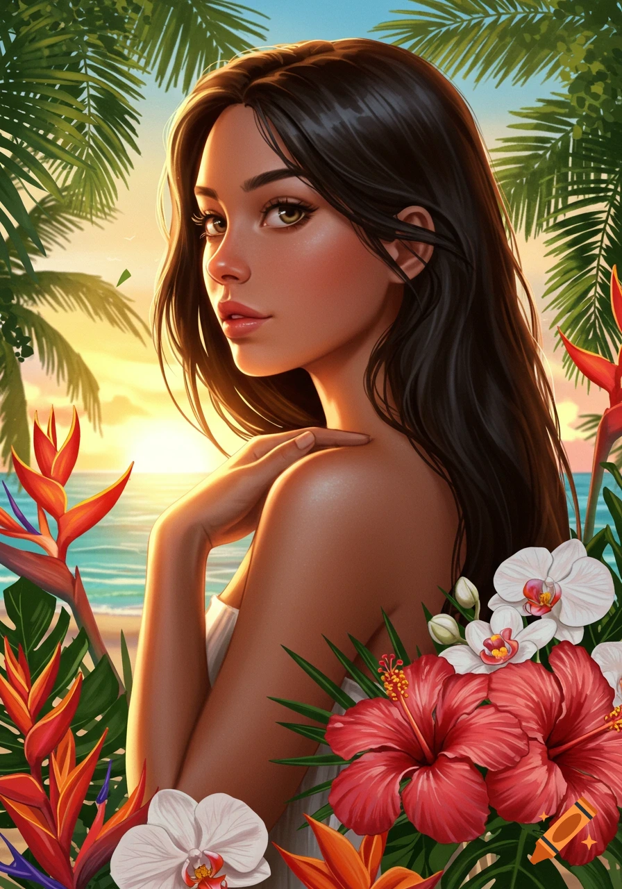 A digital art portrait of a young woman with dark hair, surrounded by vibrant tropical flowers and palm leaves, against a sunset beach backdrop.
