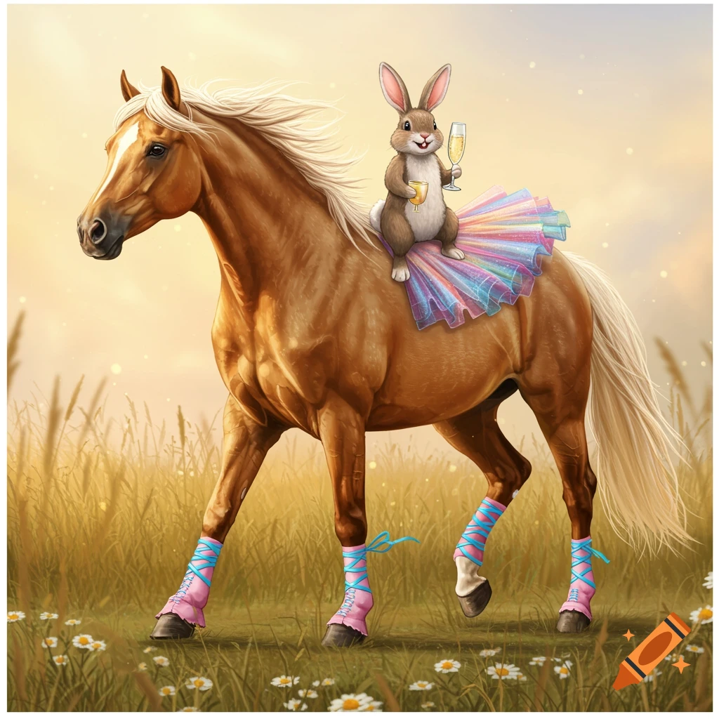 A palomino horse in a rainbow tutu and pink shoes carries a rabbit holding a champagne glass in a sunny field.