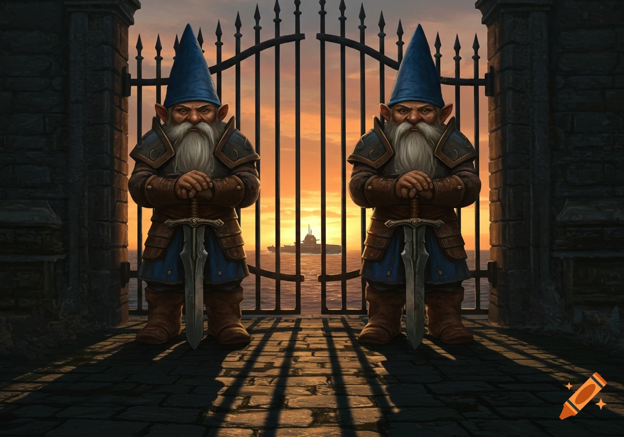 Two armored gnomes with blue hats stand guard with swords at a gate overlooking a sunset ocean with a distant submarine.