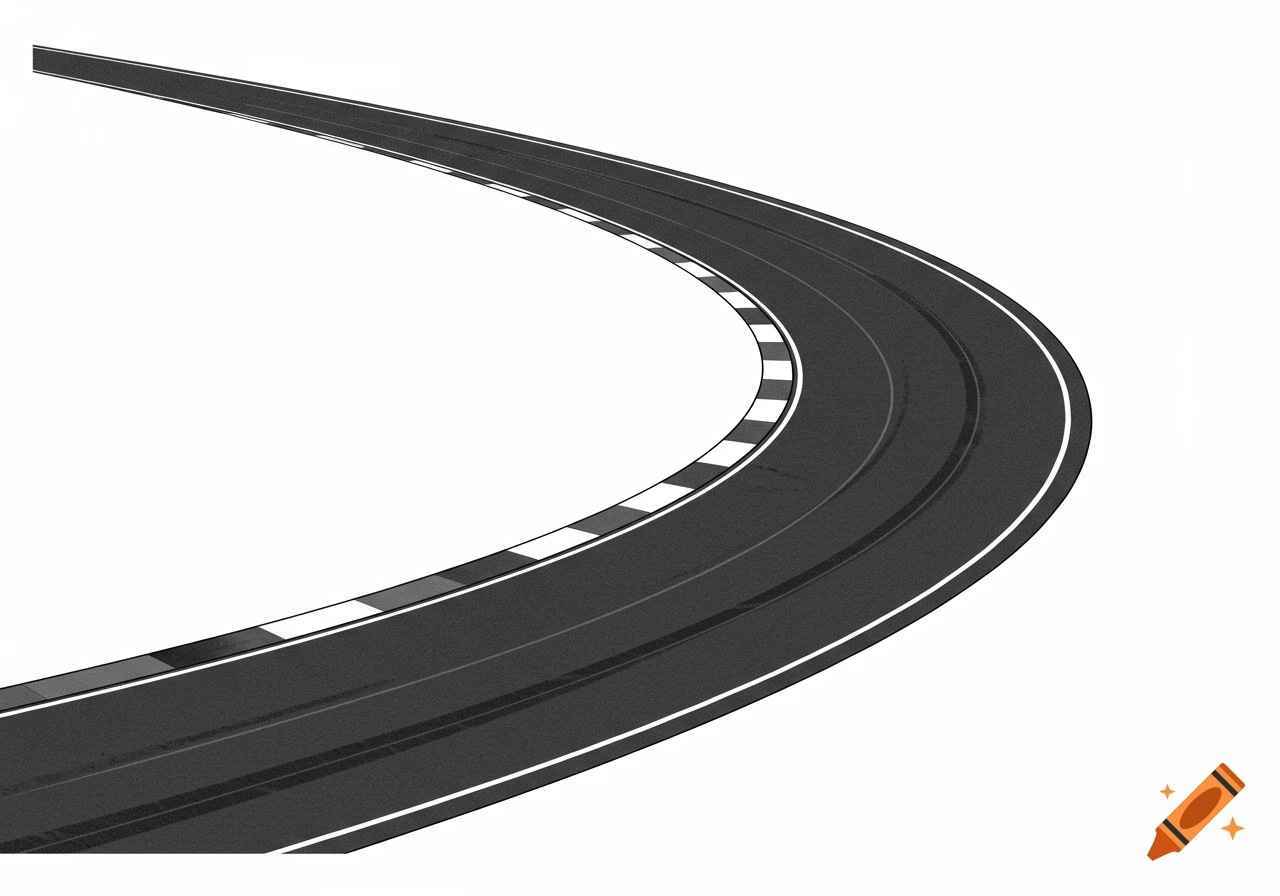 Birds eye view of a simple, minimalist curved racetrack with a white background.
