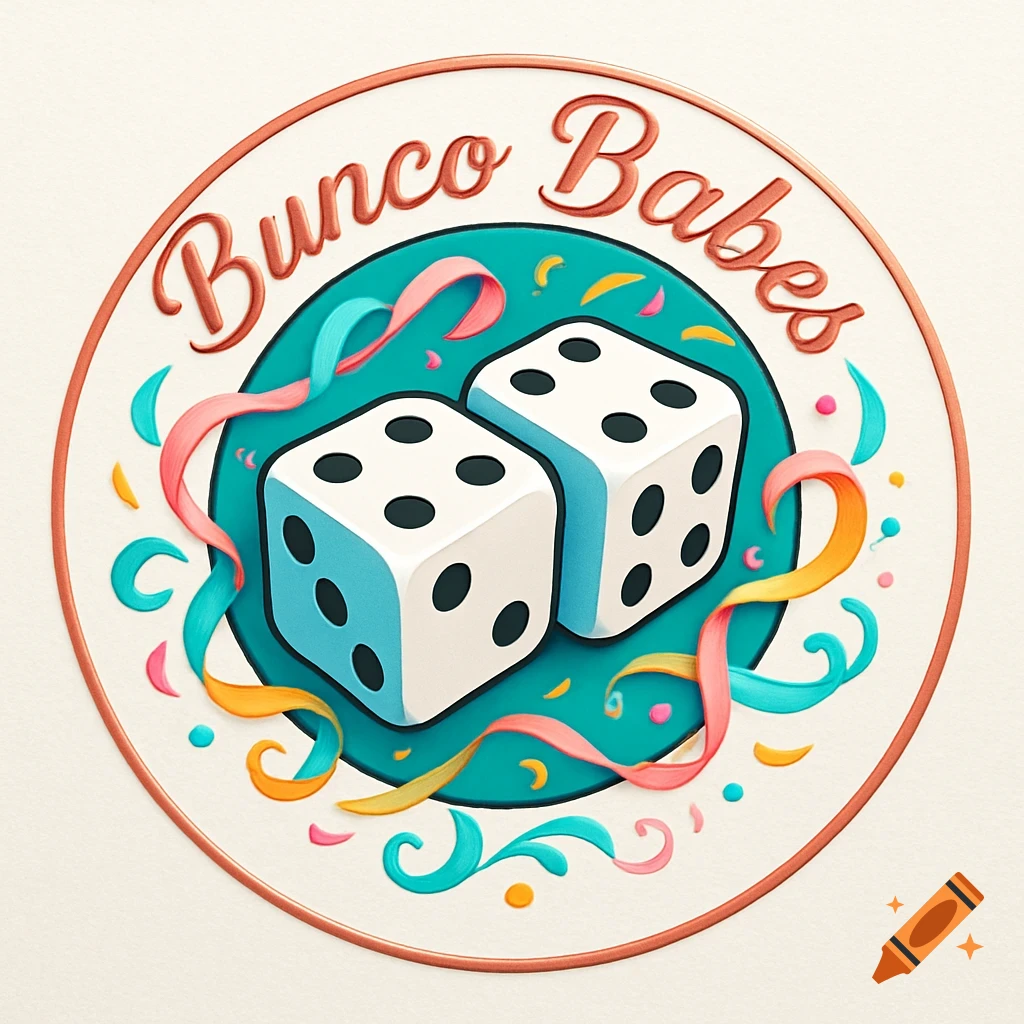 A round logo with the words 'Bunco Babes' in script above two white dice, surrounded by colorful ribbons and confetti.