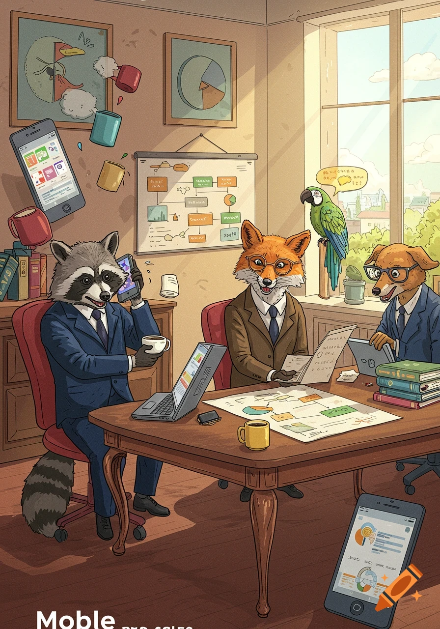 A humorous cartoon illustration of anthropomorphic animals in an office setting, including a raccoon, fox, and dog wearing suits, and a parrot, gathered around a large wooden desk with laptops, papers, and coffee mugs. The raccoon talks on a phone while holding a coffee cup.