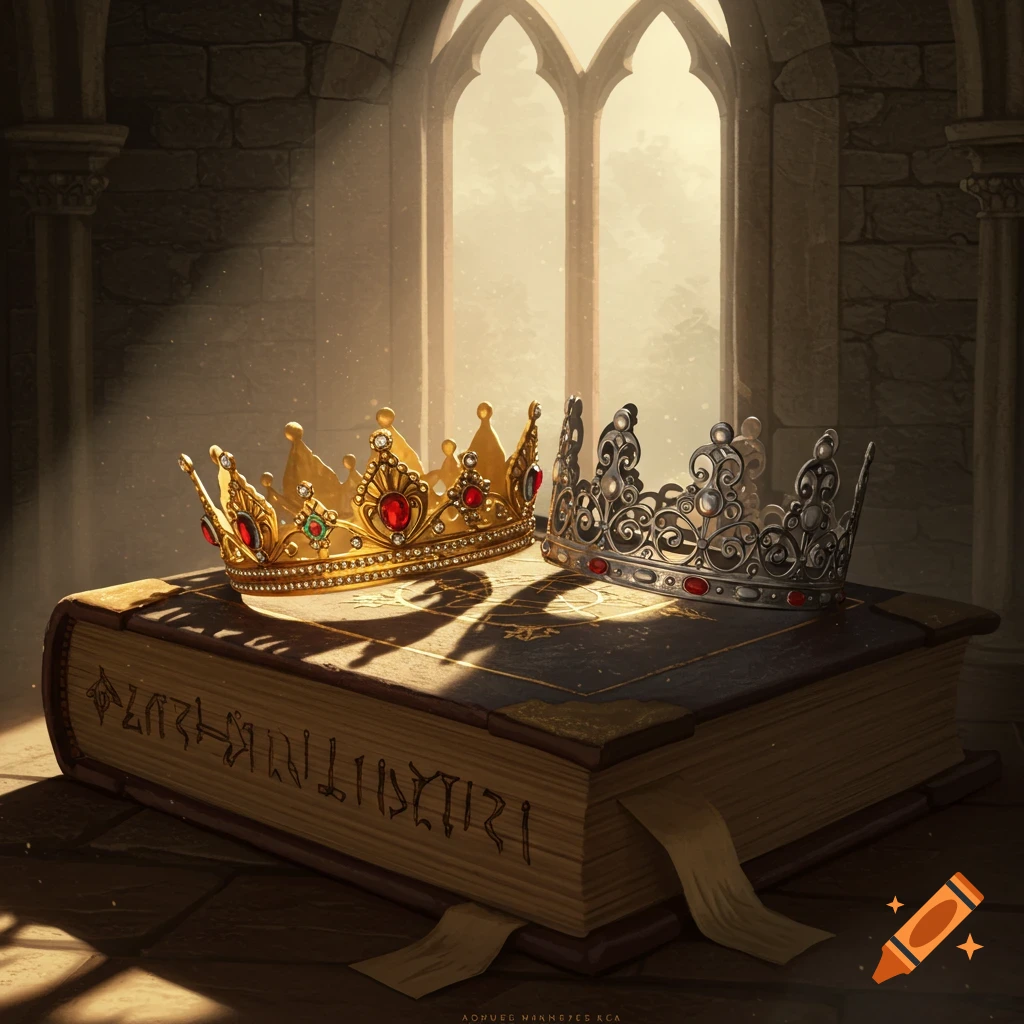 A golden crown and a silver crown with jewels rest on an ancient book with illegible text in a sunlit gothic room.