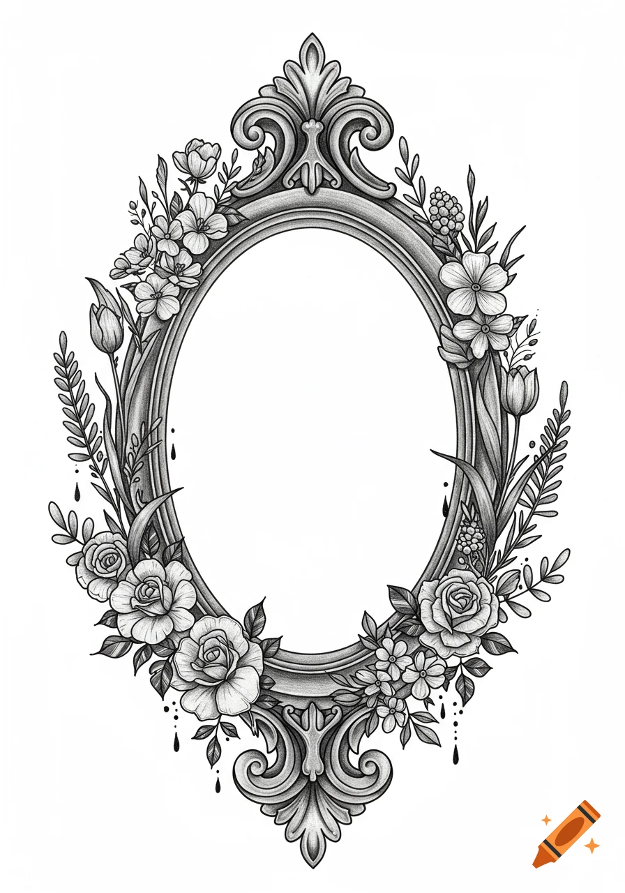 Black and white pencil sketch illustration of an ornate oval gothic frame surrounded by delicate roses, tulips, and wildflowers.