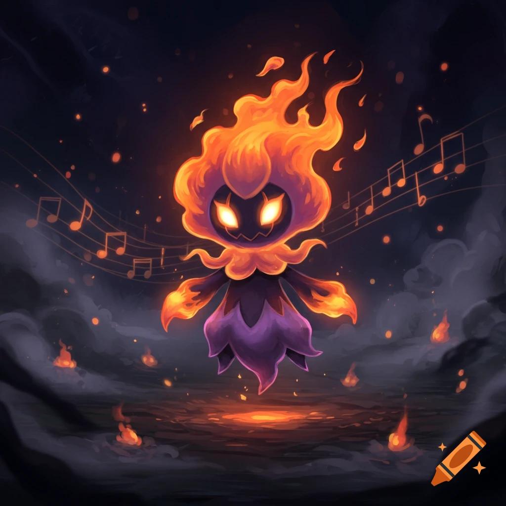 A cute, dark purple and orange fire and ghost-type creature with a flaming head and hands, surrounded by musical notes and small flames against a dark, smoky background.