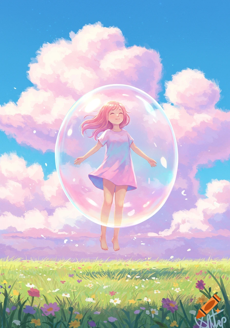 A pink-haired anime girl joyfully floats inside a large bubble over a vibrant flower field under a blue sky with pink clouds.