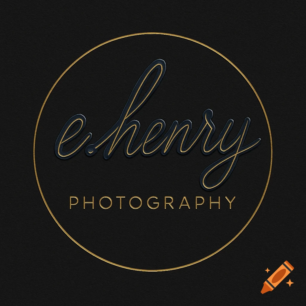A circular logo with 'e.henry' in navy script with gold outline, and 'PHOTOGRAPHY' in gold sans-serif, on a matte black background framed by a gold circle.