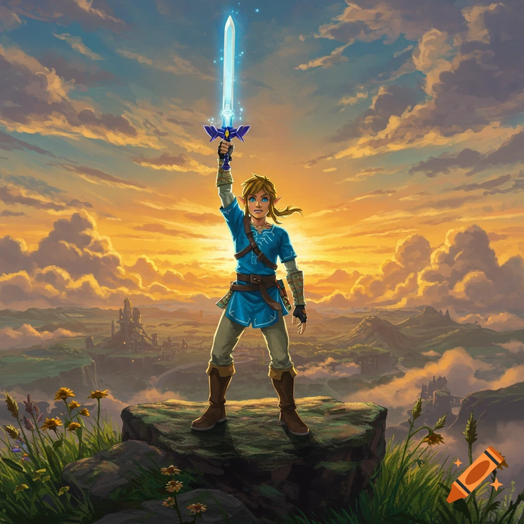 Link, a male character in a blue tunic, stands on a rock, holding a glowing sword above his head against an orange sunset sky and a vast landscape.