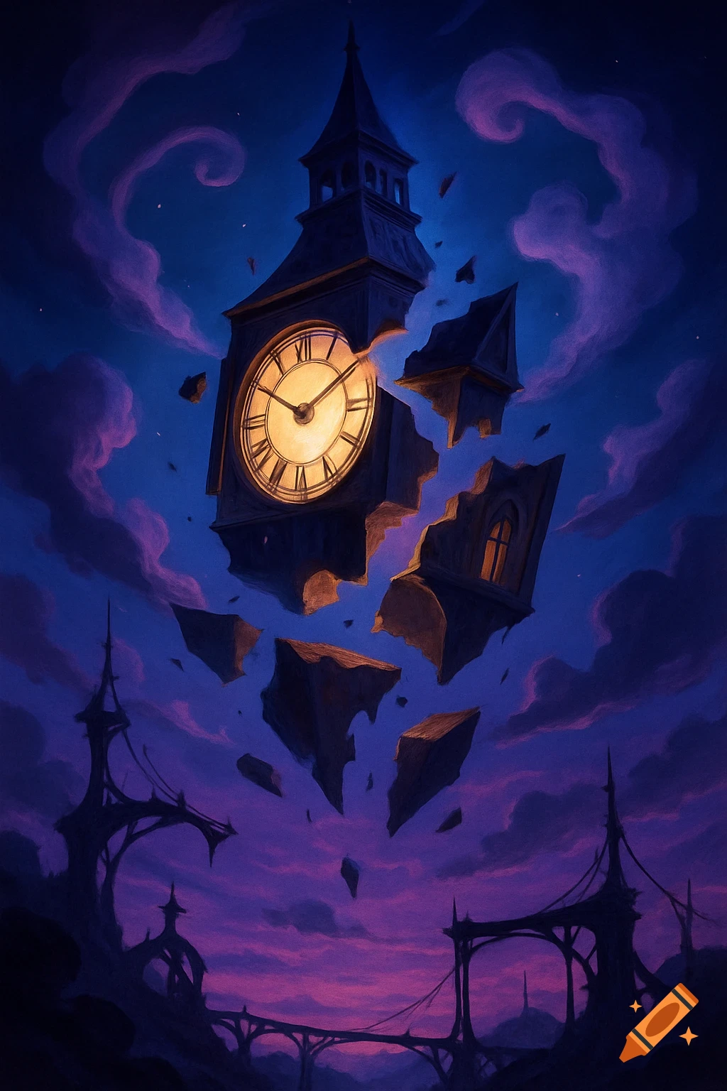 A crumbling clock tower floats amidst purple and blue clouds and debris above a gothic landscape with a bridge, in a surreal, dreamlike style.