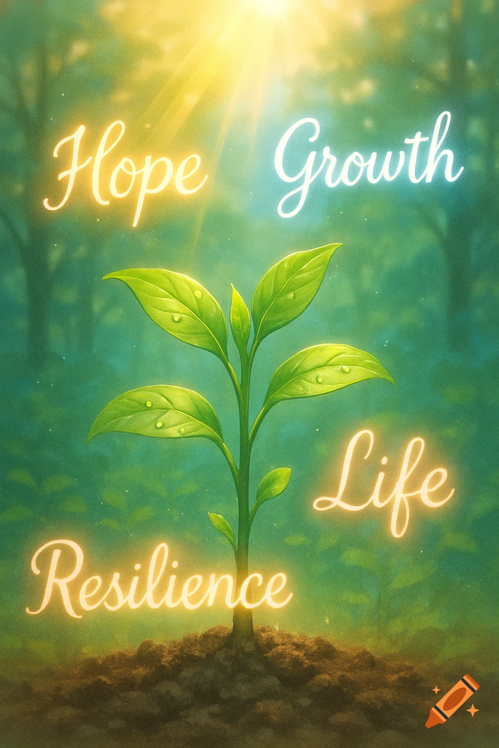 A vibrant illustration of a young green plant growing from soil, surrounded by glowing words Hope, Growth, Life, and Resilience under a bright sun in a forest.