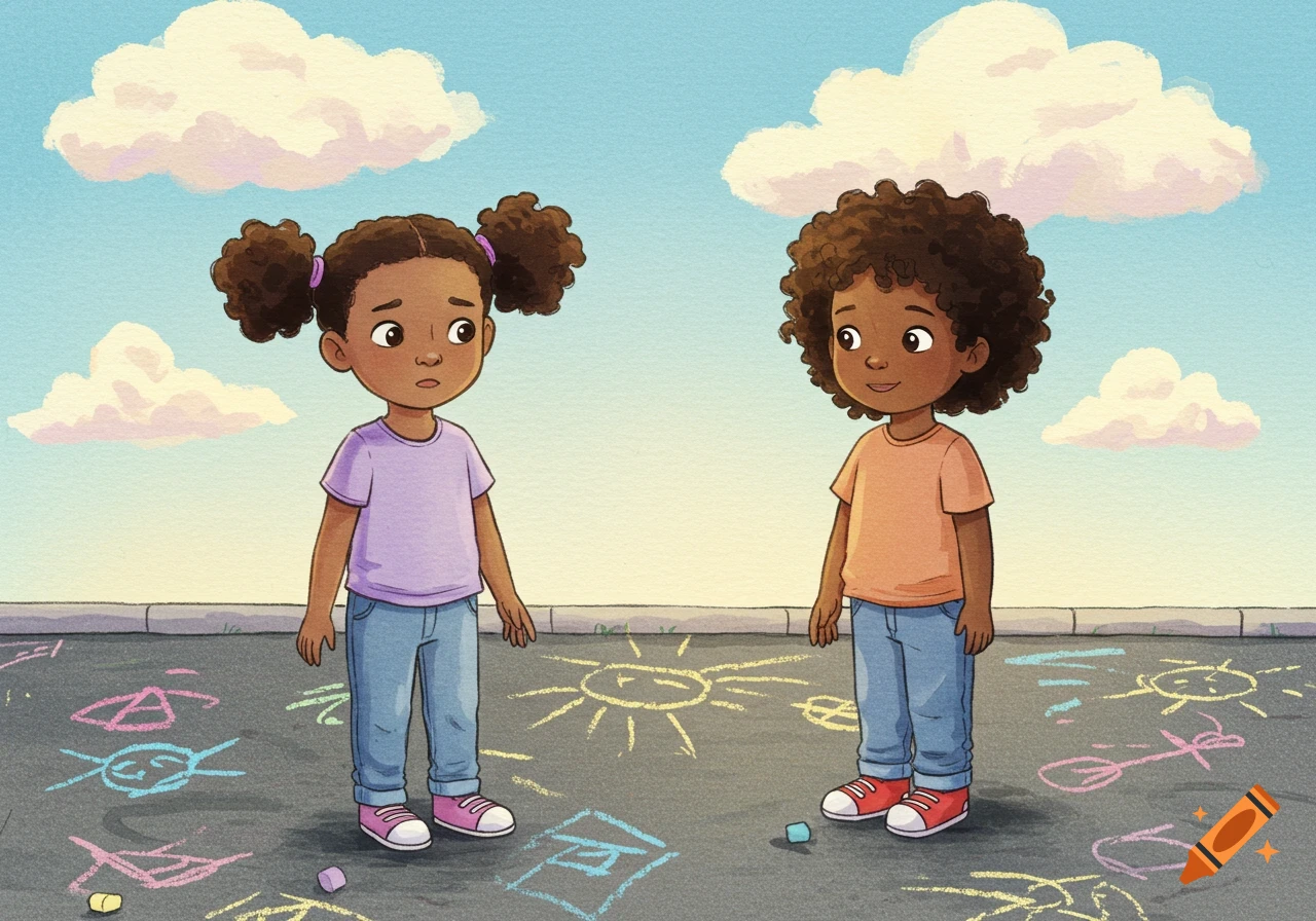 Two young children, a girl and a boy, stand on a chalk-covered playground in a whimsical watercolor style.