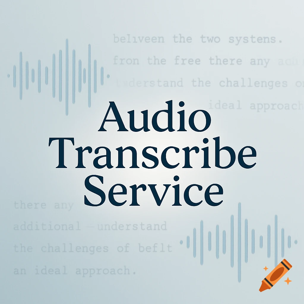 A graphic with the text 'Audio Transcribe Service' in dark blue, set against a light blue background with subtle audio wave patterns.