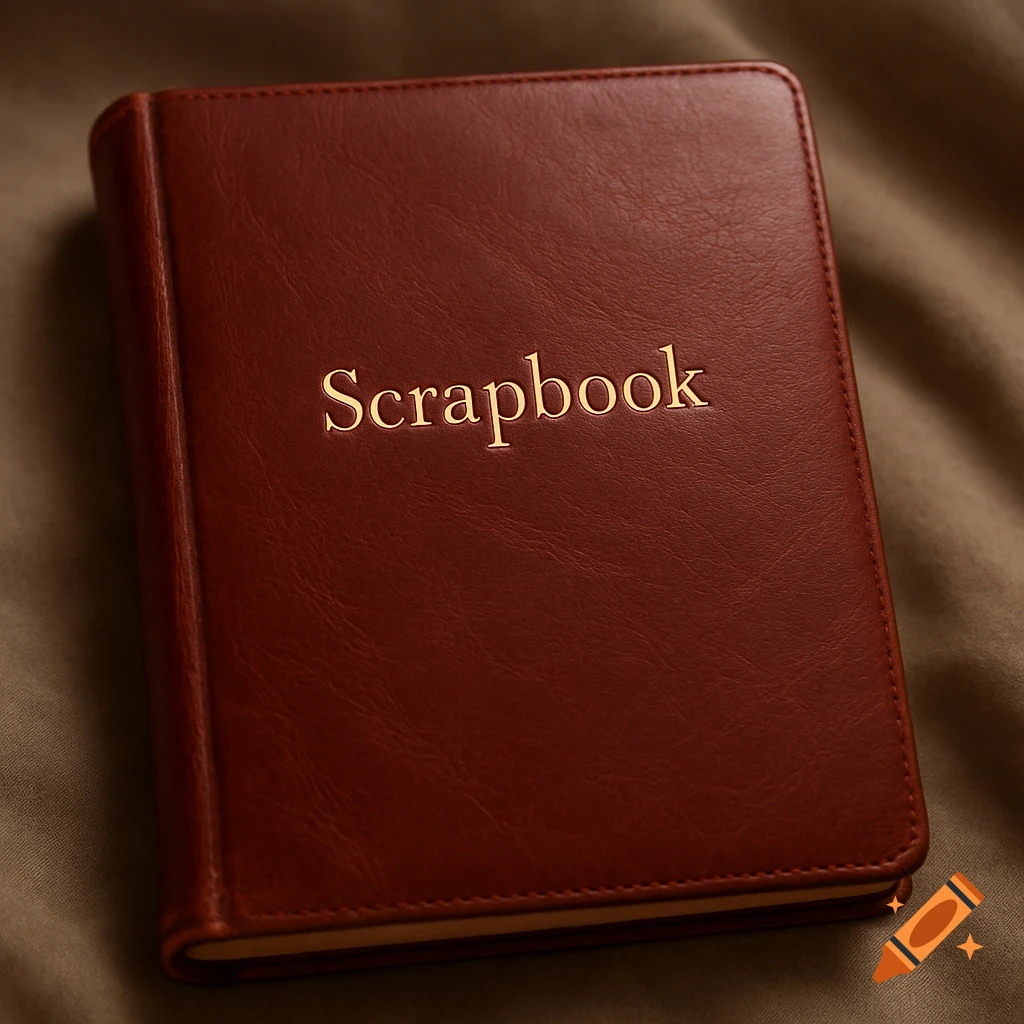 A photorealistic deep red leather-bound notebook with 'Scrapbook' embossed in gold on the cover.