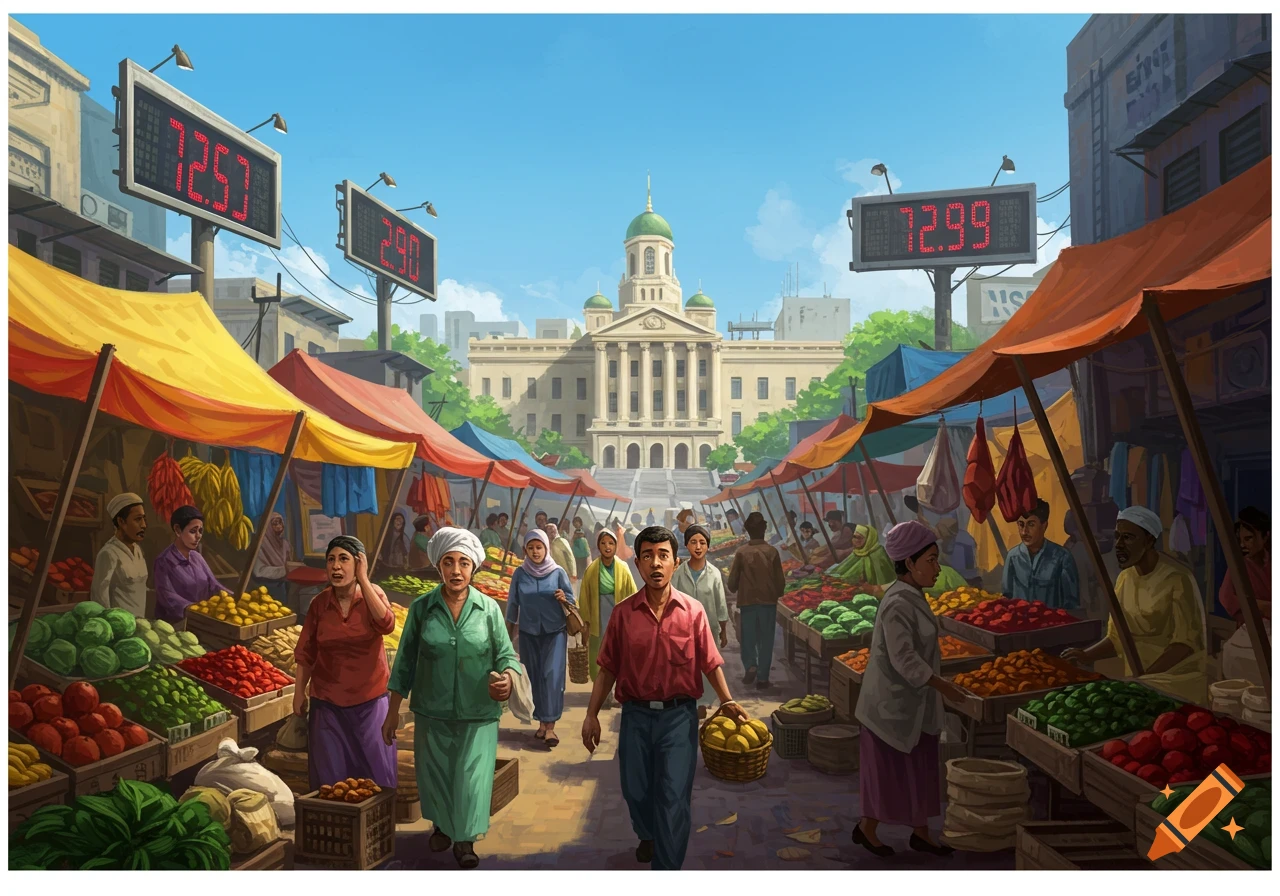 A vibrant illustration of a bustling outdoor market street with people walking among colorful stalls filled with produce, leading to a grand building in the background. Large digital signs display numbers.