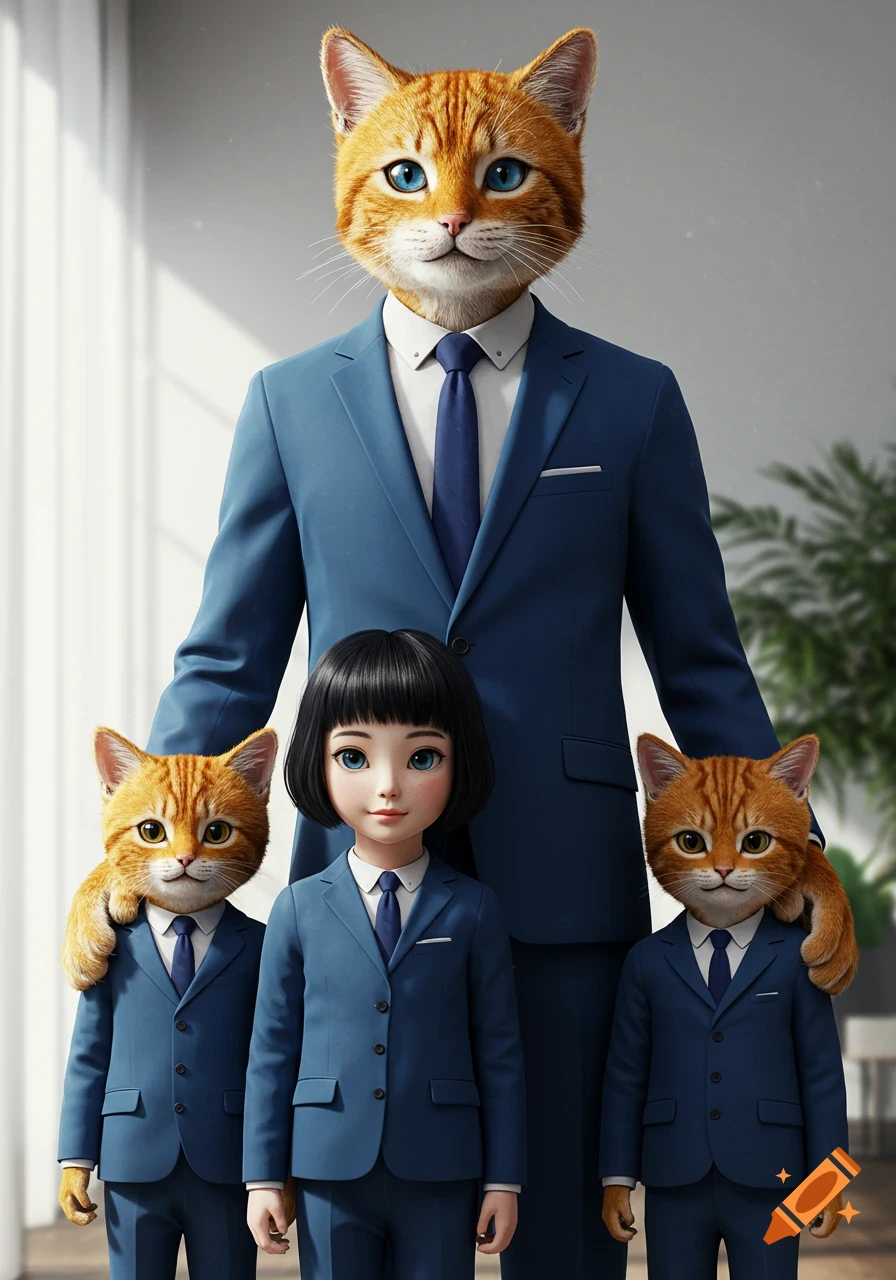 A human-cat hybrid family portrait. A tall cat-headed adult in a blue suit stands behind a human girl with short black hair and two smaller cat-headed children, all wearing blue suits, against a bright background.