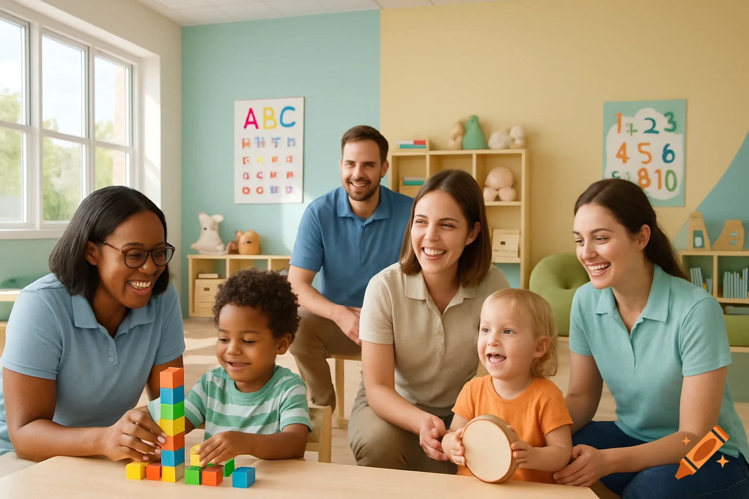 Smiling adults and young children interact in a brightly lit daycare classroom. One adult helps a child build a block tower while another child holds a drum.