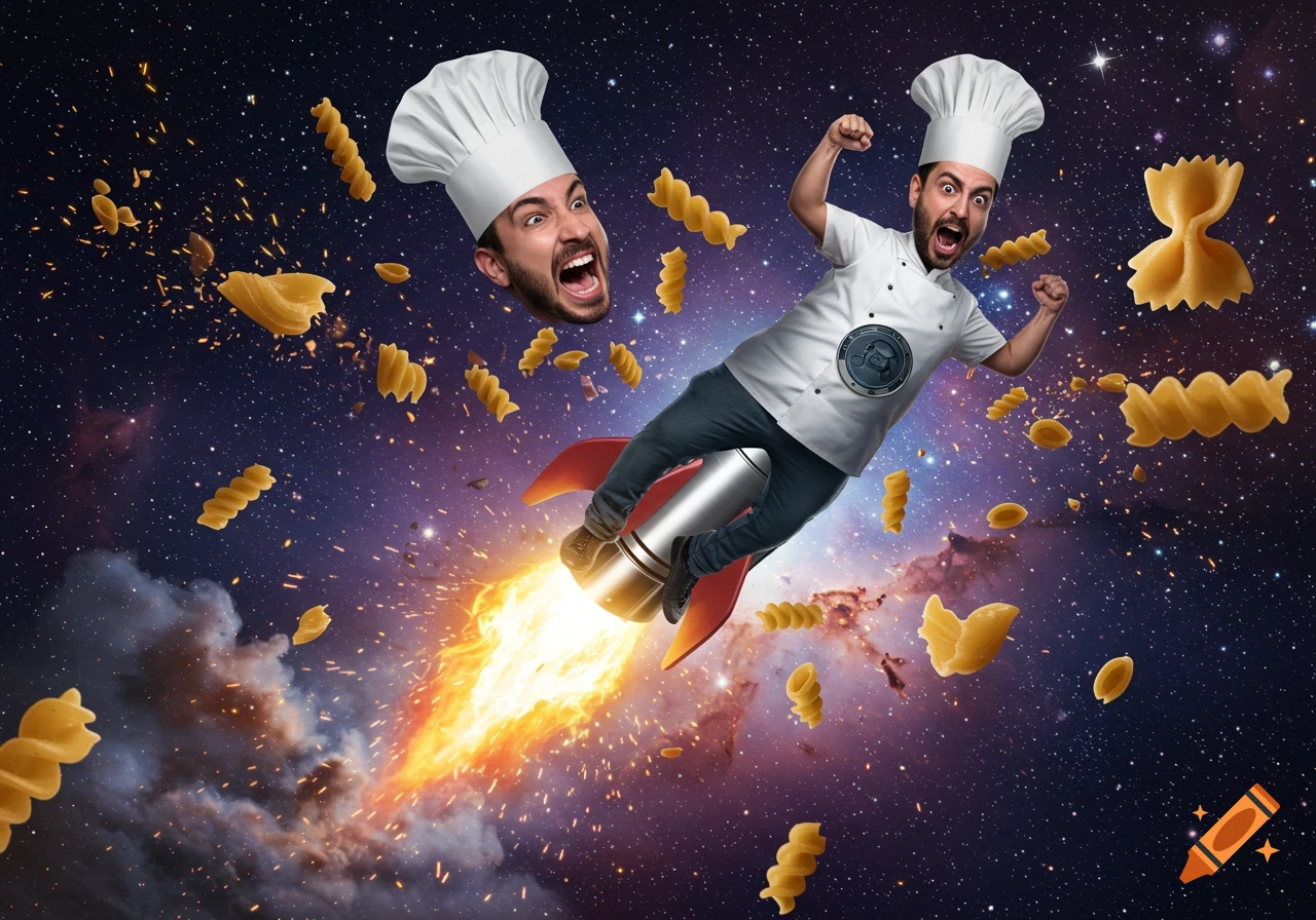 An exaggerated chef-like figure flies on a rocket through space, surrounded by floating pasta shapes.