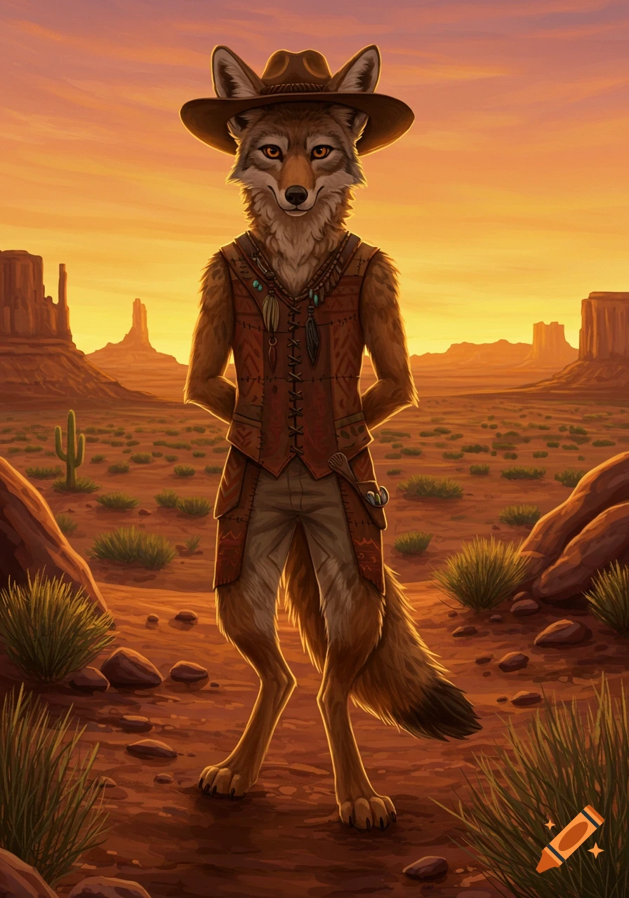An anthropomorphic coyote wearing a cowboy hat and a patterned vest stands in a desert landscape with mesas under a sunset sky.
