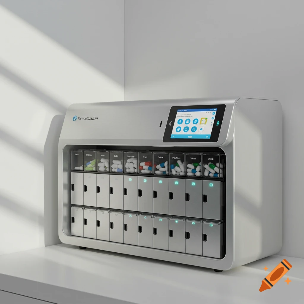 A modern grey medication dispenser with a screen and multiple clear compartments filled with colorful pills, some glowing blue, sits against a white wall.