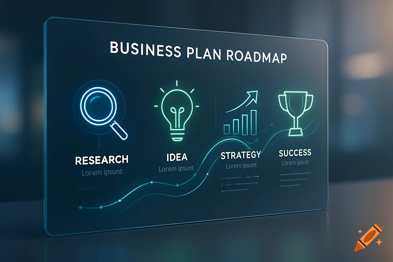 A digital display showing a business plan roadmap with icons for research, idea, strategy, and success.
