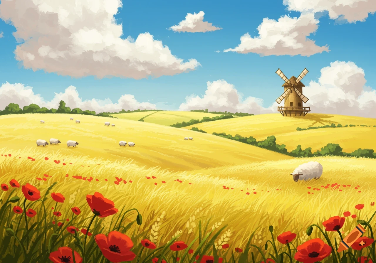 An illustration of a bright rural landscape with golden fields, red poppies, grazing sheep, and a windmill under a blue sky.