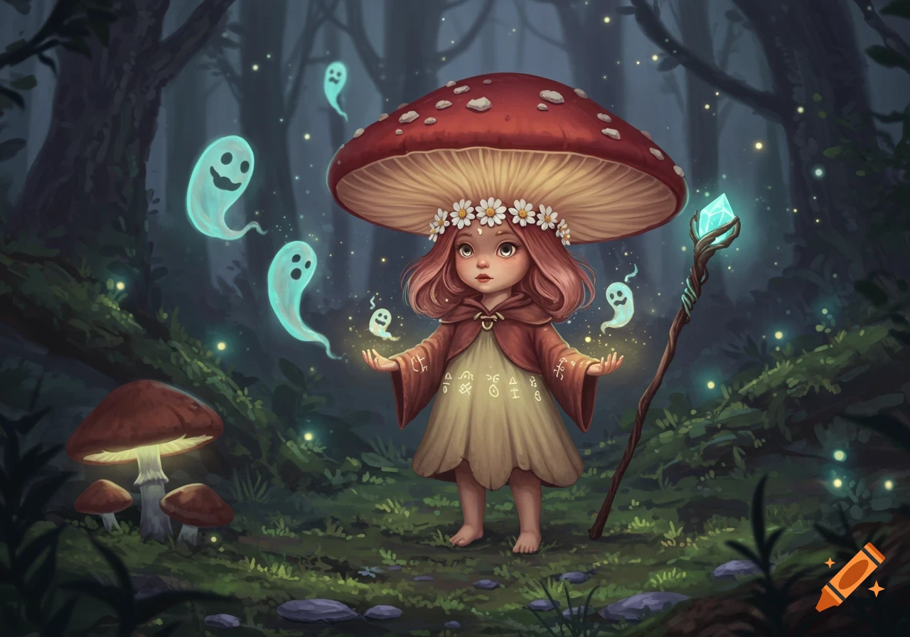 A cute, small mushroom person with a large red mushroom hat and daisy wreath stands in a dark forest, surrounded by glowing blue ghost spirits. She wears a brown cape and beige dress with symbols, and holds a staff with a blue crystal.