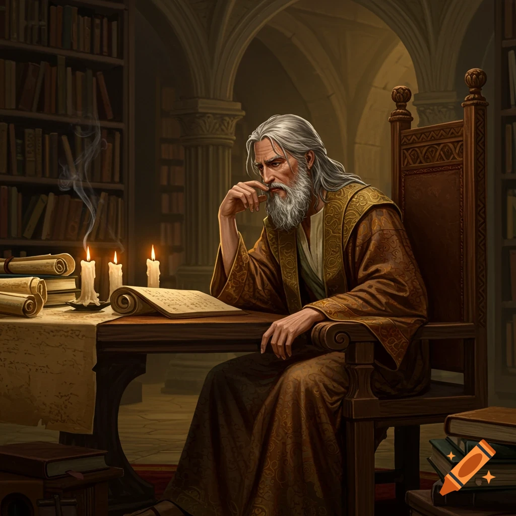 An ancient philosopher with a long white beard sits at a desk in a dim library, surrounded by books and candles, deep in thought, in a realistic painting style.